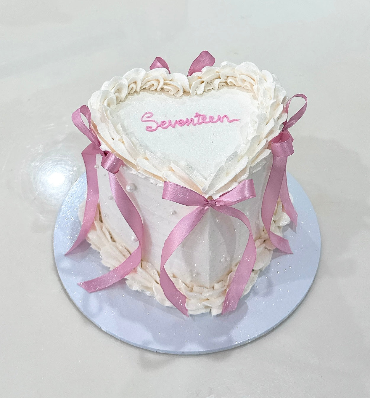 Coquette Bow Heart Vintage Cake