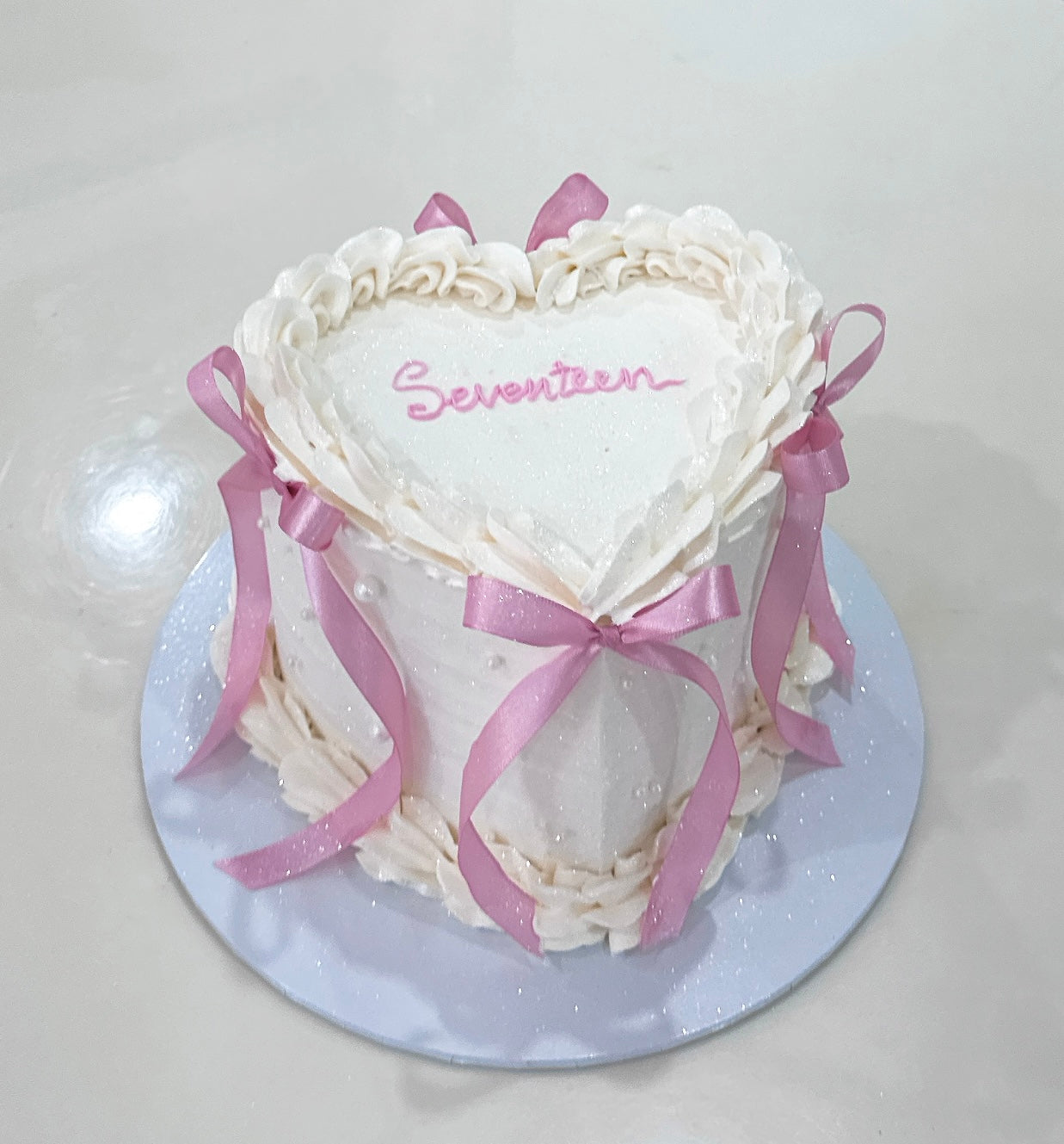 Coquette Bow Heart Vintage Cake